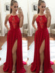 A-Line/Princess Halter Chiffon Sleeveless Sweep/Brush Train Prom Dress with Slit Applique