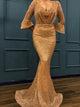 Trumpet/Mermaid V-neck Sequins 3/4 Sleeves Sweep/Brush Train Prom Evening Dress with Ruffles