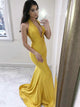 Trumpet/Mermaid Halter Satin Sleeveless Sweep/Brush Train Formal Evening Dress with Ruffles