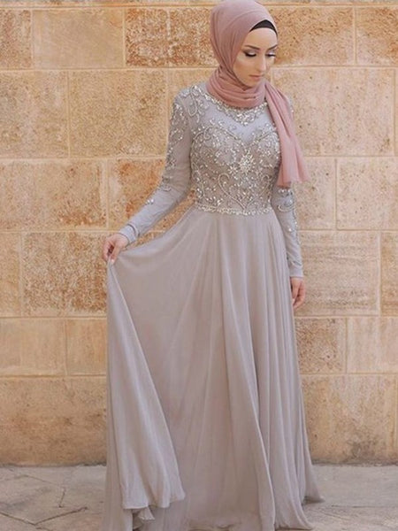 A-Line/Princess Scoop Tulle Long Sleeves Sweep/Brush Train Islamic Dress with Crystal