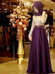 A-Line/Princess Scoop Satin Long Sleeves Floor Length Islamic Dress with Beading Appliques