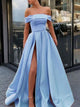 A-Line/Princess Off-the-Shoulder Sweep/Brush Train Satin Ruffles Sleeveless Prom Dress with Split