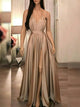 A-Line/Princess Spaghetti Straps Satin Sleeveless Floor Length Prom Evening Dress with Ruffles Split