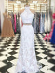 Sheath/Column Halter Lace Sleeveless Floor Length Two Piece Dress with Applique