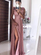 A-Line/Princess V-Neck Floor Length Chiffon Hand-Made Flower Sleeveless Prom Evening Dress with Slit