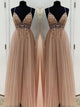 A-Line/Princess Spaghetti Straps Floor Length Tulle Beading Sleeveless Prom Formal Dress