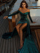 Sheath/Column Off-the-Shoulder Sweep/Brush Train Silk Like Satin Long Sleeve Ruched Dress with Slit